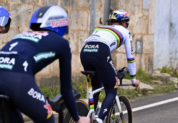Belgian Remco Evenepoel pictured during a warm-up ride, before the Team Time Trial of the Trofeo Ses Salines Challenge Mallorca cycling race, 23,8km in Colonia de Sant Jordi, Mallorca, Spain on Thursday 29 January 2026. Belgian Evenepoel is participating in the first race in the colors of his new team Red Bull-Bora-Hansgrohe. ERICxLALMAND  x159556279x