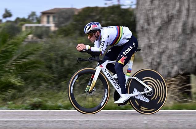 Belgian Remco Evenepoel pictured during a warm-up ride, before the Team Time Trial of the Trofeo Ses Salines Challenge Mallorca cycling race, 23,8km in Colonia de Sant Jordi, Mallorca, Spain on Thursday 29 January 2026. Belgian Evenepoel is participating in the first race in the colors of his new team Red Bull-Bora-Hansgrohe. ERICxLALMAND  x159556290x