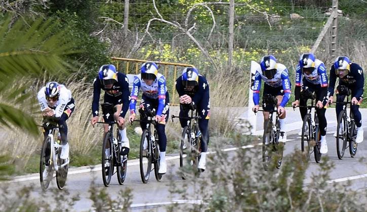 Belgian Remco Evenepoel (L) and his teammates of Red Bull-BORA-hansgrohe pictured during a warm-up ride, before the Team Time Trial of the Trofeo Ses Salines Challenge Mallorca cycling race, 23,8km in Colonia de Sant Jordi, Mallorca, Spain on Thursday 29 January 2026. Belgian Evenepoel is participating in the first race in the colors of his new team Red Bull-Bora-Hansgrohe. ERICxLALMAND  x159557938x