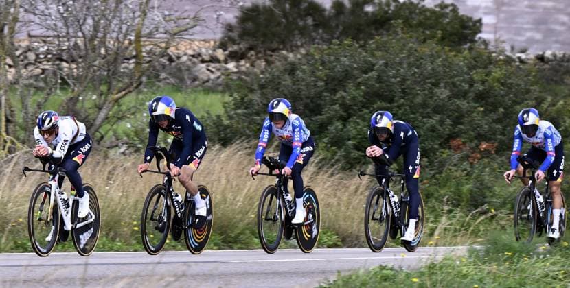Belgian Remco Evenepoel (L) and his teammates of Red Bull-BORA-hansgrohe pictured during a warm-up ride, before the Team Time Trial of the Trofeo Ses Salines Challenge Mallorca cycling race, 23,8km in Colonia de Sant Jordi, Mallorca, Spain on Thursday 29 January 2026. Belgian Evenepoel is participating in the first race in the colors of his new team Red Bull-Bora-Hansgrohe. ERICxLALMAND  x159558022x