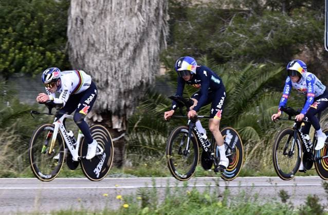 Belgian Remco Evenepoel (L) and his teammates of Red Bull-BORA-hansgrohe pictured during a warm-up ride, before the Team Time Trial of the Trofeo Ses Salines Challenge Mallorca cycling race, 23,8km in Colonia de Sant Jordi, Mallorca, Spain on Thursday 29 January 2026. Belgian Evenepoel is participating in the first race in the colors of his new team Red Bull-Bora-Hansgrohe. ERICxLALMAND  x159558074x
