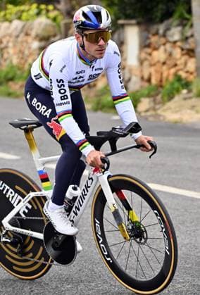 Belgian Remco Evenepoel pictured during a warm-up ride, before the Team Time Trial of the Trofeo Ses Salines Challenge Mallorca cycling race, 23,8km in Colonia de Sant Jordi, Mallorca, Spain on Thursday 29 January 2026. Belgian Evenepoel is participating in the first race in the colors of his new team Red Bull-Bora-Hansgrohe. ERICxLALMAND  x159561621x