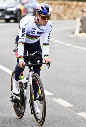 Belgian Remco Evenepoel pictured during a warm-up ride, before the Team Time Trial of the Trofeo Ses Salines Challenge Mallorca cycling race, 23,8km in Colonia de Sant Jordi, Mallorca, Spain on Thursday 29 January 2026. Belgian Evenepoel is participating in the first race in the colors of his new team Red Bull-Bora-Hansgrohe. ERICxLALMAND  x159561630x