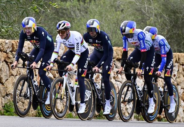 Belgian Remco Evenepoel (2L) and his teammates of Red Bull-BORA-hansgrohe pictured during a warm-up ride, before the Team Time Trial of the Trofeo Ses Salines Challenge Mallorca cycling race, 23,8km in Colonia de Sant Jordi, Mallorca, Spain on Thursday 29 January 2026. Belgian Evenepoel is participating in the first race in the colors of his new team Red Bull-Bora-Hansgrohe. ERICxLALMAND  x159562635x