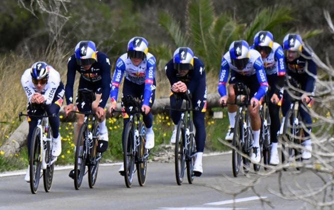 Belgian Remco Evenepoel (L) and his teammates of Red Bull-BORA-hansgrohe pictured during a warm-up ride, before the Team Time Trial of the Trofeo Ses Salines Challenge Mallorca cycling race, 23,8km in Colonia de Sant Jordi, Mallorca, Spain on Thursday 29 January 2026. Belgian Evenepoel is participating in the first race in the colors of his new team Red Bull-Bora-Hansgrohe. ERICxLALMAND  x159562800x