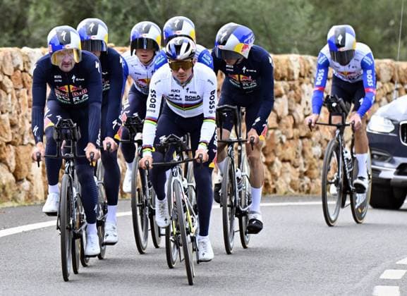 Belgian Remco Evenepoel (C) and his teammates of Red Bull-BORA-hansgrohe pictured during a warm-up ride, before the Team Time Trial of the Trofeo Ses Salines Challenge Mallorca cycling race, 23,8km in Colonia de Sant Jordi, Mallorca, Spain on Thursday 29 January 2026. Belgian Evenepoel is participating in the first race in the colors of his new team Red Bull-Bora-Hansgrohe. ERICxLALMAND  x159562881x
