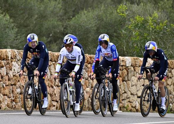 Belgian Remco Evenepoel (C) and his teammates of Red Bull-BORA-hansgrohe pictured during a warm-up ride, before the Team Time Trial of the Trofeo Ses Salines Challenge Mallorca cycling race, 23,8km in Colonia de Sant Jordi, Mallorca, Spain on Thursday 29 January 2026. Belgian Evenepoel is participating in the first race in the colors of his new team Red Bull-Bora-Hansgrohe. ERICxLALMAND  x159562937x