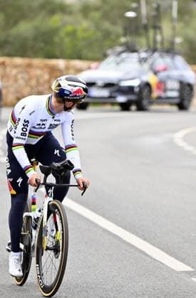 Belgian Remco Evenepoel pictured during a warm-up ride, before the Team Time Trial of the Trofeo Ses Salines Challenge Mallorca cycling race, 23,8km in Colonia de Sant Jordi, Mallorca, Spain on Thursday 29 January 2026. Belgian Evenepoel is participating in the first race in the colors of his new team Red Bull-Bora-Hansgrohe. ERICxLALMAND  x159562967x