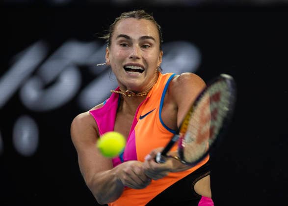 (260129) -- MELBOURNE, Jan. 29, 2026 -- Aryna Sabalenka hits a return during the women s singles semifinal match between Aryna Sabalenka of Belarus and Elina Svitolina of Ukraine at the Australian Open tennis tournament in Melbourne, Australia, Jan. 29, 2026. (Photo by Xinhua) (SP)AUSTRALIA-MELBOURNE-TENNIS-AUSTRALIAN OPEN-WOMEN S SINGLES-SEMIFINALS HuxJingchen 