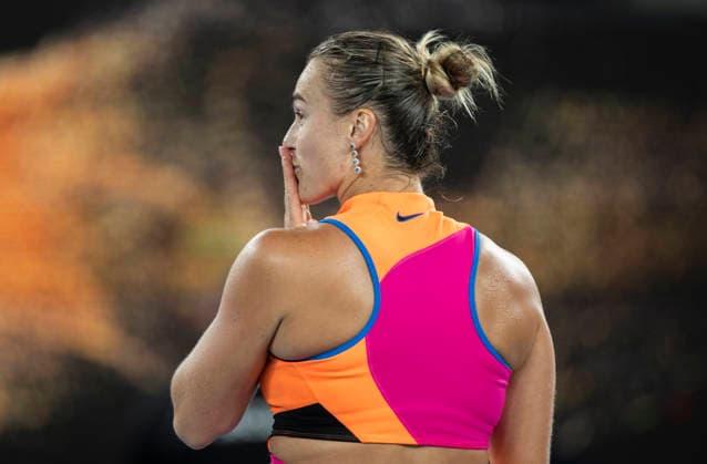 (260129) -- MELBOURNE, Jan. 29, 2026 -- Aryna Sabalenka reacts after the women s singles semifinal match between Aryna Sabalenka of Belarus and Elina Svitolina of Ukraine at the Australian Open tennis tournament in Melbourne, Australia, Jan. 29, 2026. (Photo by Xinhua) (SP)AUSTRALIA-MELBOURNE-TENNIS-AUSTRALIAN OPEN-WOMEN S SINGLES-SEMIFINALS HuxJingchen 