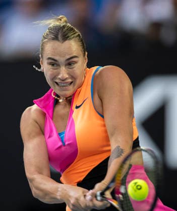 (260129) -- MELBOURNE, Jan. 29, 2026 -- Aryna Sabalenka hits a return during the women s singles semifinal match between Aryna Sabalenka of Belarus and Elina Svitolina of Ukraine at the Australian Open tennis tournament in Melbourne, Australia, Jan. 29, 2026. (Photo by Xinhua) (SP)AUSTRALIA-MELBOURNE-TENNIS-AUSTRALIAN OPEN-WOMEN S SINGLES-SEMIFINALS HuxJingchen 