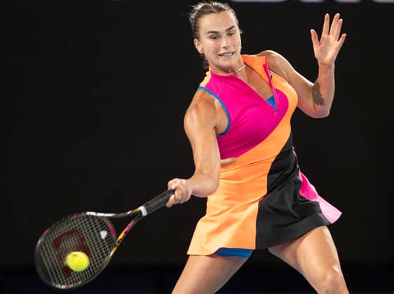 (260129) -- MELBOURNE, Jan. 29, 2026 -- Aryna Sabalenka hits a return during the women s singles semifinal match between Aryna Sabalenka of Belarus and Elina Svitolina of Ukraine at the Australian Open tennis tournament in Melbourne, Australia, Jan. 29, 2026. (Photo by Xinhua) (SP)AUSTRALIA-MELBOURNE-TENNIS-AUSTRALIAN OPEN-WOMEN S SINGLES-SEMIFINALS HuxJingchen 