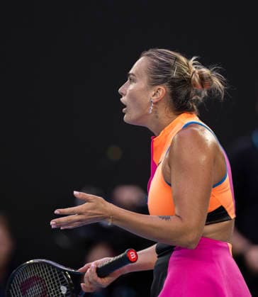 (260129) -- MELBOURNE, Jan. 29, 2026 -- Aryna Sabalenka reacts during the women s singles semifinal match between Aryna Sabalenka of Belarus and Elina Svitolina of Ukraine at the Australian Open tennis tournament in Melbourne, Australia, Jan. 29, 2026. (Photo by Xinhua) (SP)AUSTRALIA-MELBOURNE-TENNIS-AUSTRALIAN OPEN-WOMEN S SINGLES-SEMIFINALS HuxJingchen 