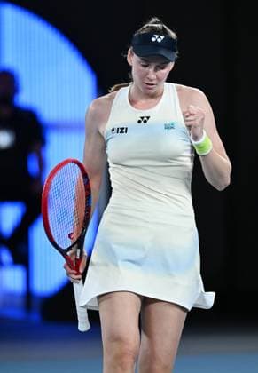 (260129) -- MELBOURNE, Jan. 29, 2026 -- Elena Rybakina reacts during the women s singles semifinal match between Jessica Pegula of the United States and Elena Rybakina of Kazakhstan at the Australian Open tennis tournament in Melbourne, Australia, Jan. 29, 2026. (Photo by Xinhua) (SP)AUSTRALIA-MELBOURNE-TENNIS-AUSTRALIAN OPEN-WOMEN S SINGLES-SEMIFINALS WangxShen 