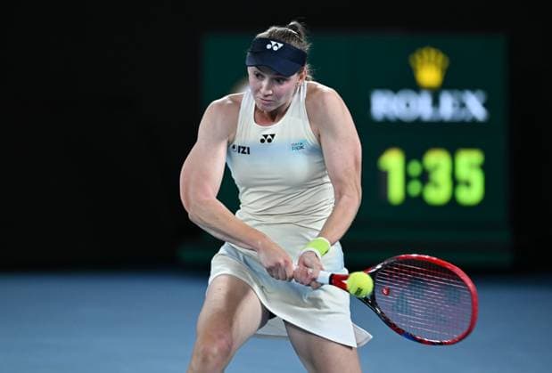 (260129) -- MELBOURNE, Jan. 29, 2026 -- Elena Rybakina hits a return during the women s singles semifinal match between Jessica Pegula of the United States and Elena Rybakina of Kazakhstan at the Australian Open tennis tournament in Melbourne, Australia, Jan. 29, 2026. (Photo by Xinhua) (SP)AUSTRALIA-MELBOURNE-TENNIS-AUSTRALIAN OPEN-WOMEN S SINGLES-SEMIFINALS WangxShen 