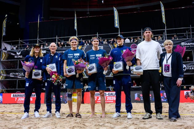 260129 Swedens coaches Rasmus Jonsson and Anders Kristiansson and players David Ahman, Jonatan Hellvig, Elmer Andersson and Jacob Hölting Nilsson during Stockholm Beach 2026 on January 29, 2026 in Stockholm  Copyright: EMMAxWALLSKOG BB260129EW008