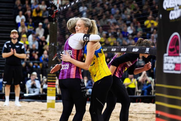 STOCKHOLM, SWEDEN 20260129 Swedens Isabelle Reffel, right, congratulates Norways Sunniva Helland Hansen after Norway won the Stockholm Beach 2026 beach volleyball competition, an official event in the international Queen King of the Court series, at the Avicii Arena in Stockholm STOCKHOLM SWEDEN x60160x  Copyright: xStefanxJerrevang TTx STOCKHOLM BEACH