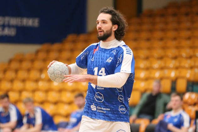 29 01 2026 Handball men 2025 2026 Test match Dessau Roßlauer HV 06 SC DHFK Leipzig Anhalt Arena Dessau Jakub Powarzynski Dessau, 14, blue on the ball Dessau Roßlau Saxony Anhalt Germany