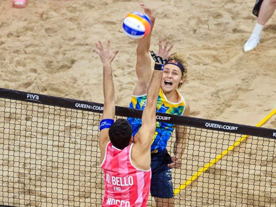 England s Joaquin Bello and Sweden s David Ahman during the final of the beach volleyball competition Stockholm Beach 2026, an official competition in the international Queen King of the Court series, at Avicii Arena in Stockholm, Sweden, January 29, 2026 STOCKHOLM SWEDEN x60160x  Copyright: xStefanxJerrevang TTx STOCKHOLM BEACH 2026