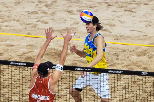 Austria s Timo Hammarberg against Sweden s Jacob Hölting Nilsson during the final of the beach volleyball competition Stockholm Beach 2026, an official competition in the international Queen King of the Court series, at Avicii Arena in Stockholm, Sweden, January 29, 2026 STOCKHOLM SWEDEN x60160x  Copyright: xStefanxJerrevang TTx STOCKHOLM BEACH 2026