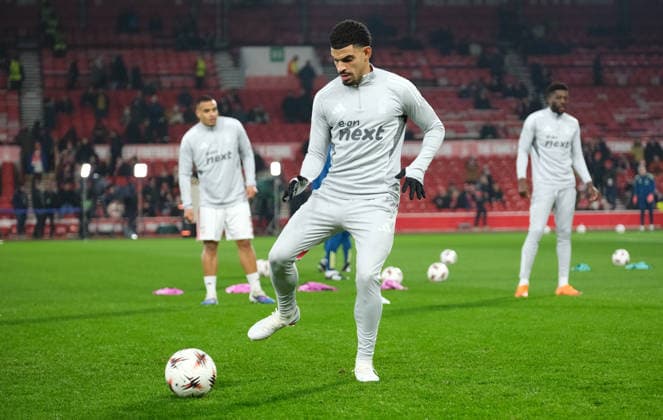 Morgan Gibbs-White of Nottingham Forest during the pre-match warm-up during the UEFA Europa league football match between Nottingham Forest and Ferencvaros TC at the City Ground in Nottingham. Copyright: xPaulxBonser SportsxPressxPhotox Sportspressphoto_SPR86677