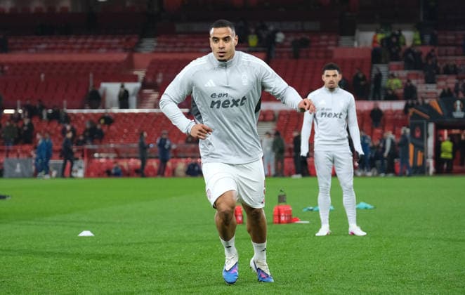 Murillo of Nottingham Forest during the pre-match warm-up during the UEFA Europa league football match between Nottingham Forest and Ferencvaros TC at the City Ground in Nottingham. Copyright: xPaulxBonser SportsxPressxPhotox Sportspressphoto_SPR86692