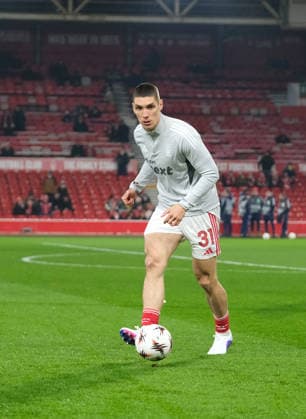 Nikola Milenkovic of Nottingham Forest during the pre-match warm-up during the UEFA Europa league football match between Nottingham Forest and Ferencvaros TC at the City Ground in Nottingham. Copyright: xPaulxBonser SportsxPressxPhotox Sportspressphoto_SPR86697