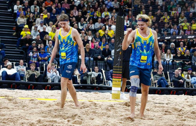 STOCKHOLM, SWEDEN 20260129 Swedens Jonatan Hellvig and David Ahman during the final of the Stockholm Beach 2026 beach volleyball competition, an official event in the international Queen King of the Court series, at Avicii Arena in Stockholm STOCKHOLM SWEDEN x60160x  Copyright: xStefanxJerrevang TTx STOCKHOLM BEACH 2026