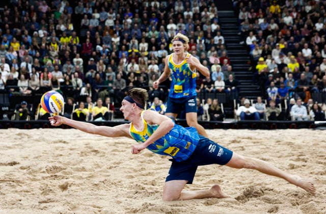 STOCKHOLM, SWEDEN 20260129 Swedens Jonatan Hellvig and David Ahman during the final of the Stockholm Beach 2026 beach volleyball competition, an official event in the international Queen King of the Court series, at Avicii Arena in Stockholm STOCKHOLM SWEDEN x60160x  Copyright: xStefanxJerrevang TTx STOCKHOLM BEACH 2026