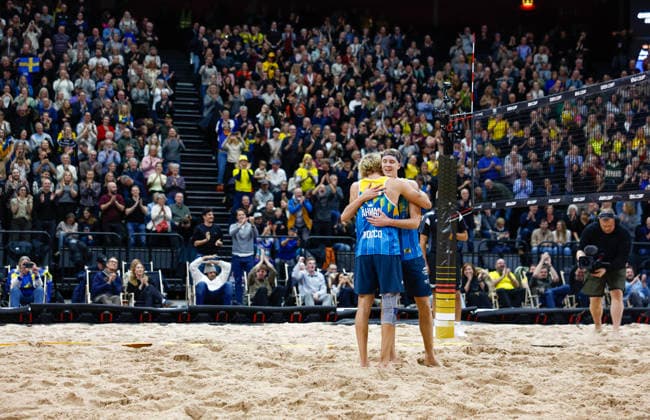 STOCKHOLM, SWEDEN 20260129 Swedens David Ahman and Jonatan Hellvig after winning the final of the Stockholm Beach 2026 beach volleyball competition, an official event in the international Queen King of the Court series, at the Avicii Arena in Stockholm STOCKHOLM SWEDEN x60160x  Copyright: xStefanxJerrevang TTx STOCKHOLM BEACH 2026