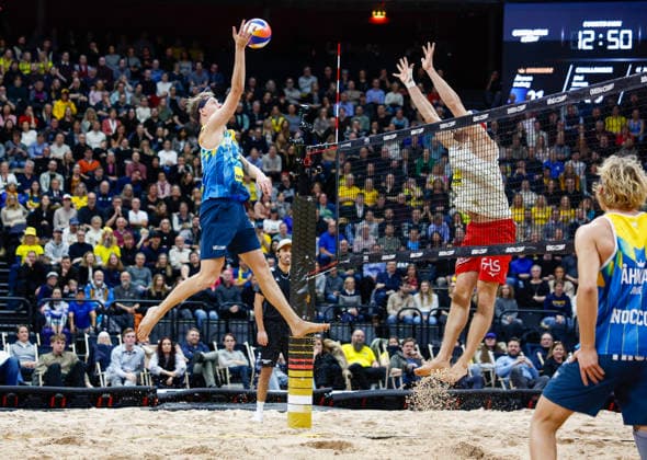 STOCKHOLM, SWEDEN 20260129 Swedens Jonatan Hellvig and David Ahman against Norways Anders Mol during the final of the Stockholm Beach 2026 beach volleyball competition, an official event of the international Queen King of the Court series, at Avicii Arena in Stockholm STOCKHOLM SWEDEN x60160x  Copyright: xStefanxJerrevang TTx STOCKHOLM BEACH 2026