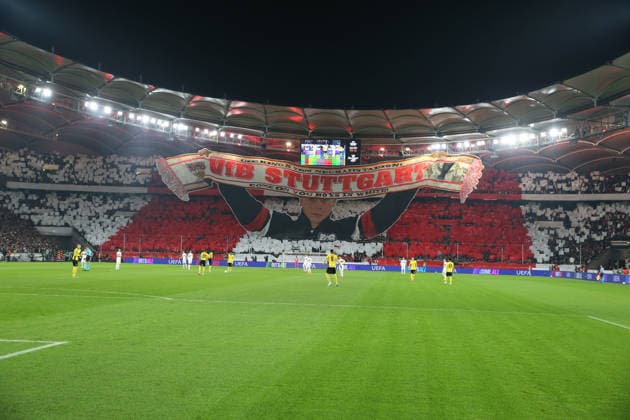 29 01 2026, xrekx, Football UEFA Europa League, VfB Stuttgart Young Boys Bern v l VfB Stuttgart Fans ,Atmosphere, Scarves, Shirt, Flag, Banner, Ultras, Spectators, Visitors, Choreo, Choreography, atmosphere, spectators, Visitors DFL DFB REGULATIONS PROHIBIT ANY USE OF PHOTOGRAPHS as IMAGE SEQUENCES and or QUASI VIDEO Stuttgart