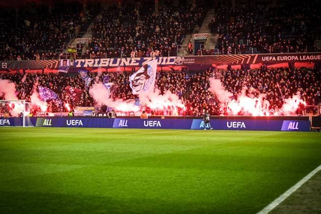 Supporters with fireworks and smoke bombs pictured during a soccer game between Belgian soccer team KRC Genk and Swedish team Malmo FF, in Genk, on Thursday 29 January 2026, on day eight of the League phase of the UEFA Europa League tournament. JILLxDELSAUX  x159638616x