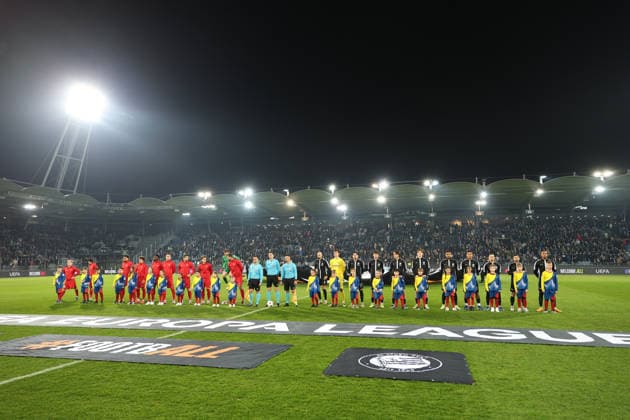 SOCCER - UEFA EL, Sturm vs Brann GRAZ,AUSTRIA,29.JAN.26 - SOCCER - UEFA Europa League, SK Sturm Graz vs SK Brann Bergen. Image shows team of Brann Bergen and team of Sturm.  GEPAxpictures xChrisxBauer