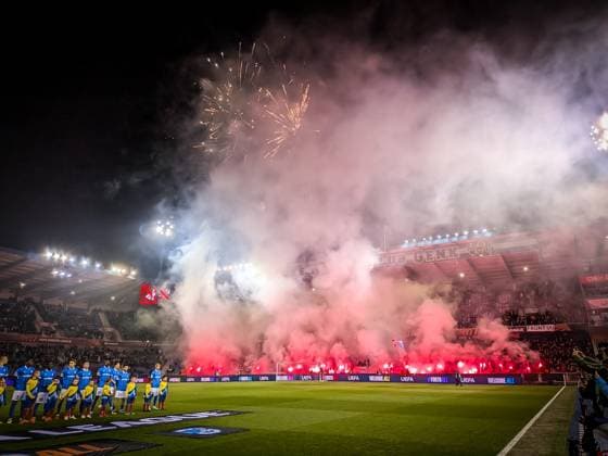 Supporters with fireworks and smoke bombs pictured during a soccer game between Belgian soccer team KRC Genk and Swedish team Malmo FF, in Genk, on Thursday 29 January 2026, on day eight of the League phase of the UEFA Europa League tournament. JILLxDELSAUX  x159638653x