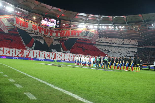 29 01 2026, xrekx, Football UEFA Europa League, VfB Stuttgart Young Boys Bern v l VfB Stuttgart Fans ,Atmosphere, Scarves, Shirt, Flag, Banner, Ultras, Spectators, Visitors, Choreo, Choreography, atmosphere, spectators, Visitors DFL DFB REGULATIONS PROHIBIT ANY USE OF PHOTOGRAPHS as IMAGE SEQUENCES and or QUASI VIDEO Stuttgart