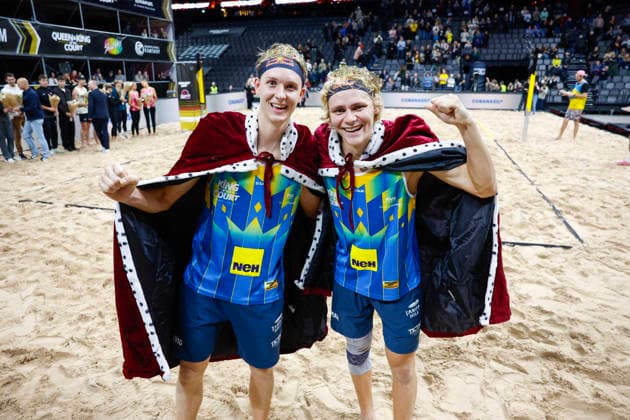 Swedens David Ahman and Jonatan Hellvig win the final of the beach volleyball competition Stockholm Beach 2026, an official competition in the international Queen King of the Court series, at the Avicii Arena in Stockholm, Sweden, January 29, 2026 STOCKHOLM SWEDEN x60160x  Copyright: xStefanxJerrevang TTx STOCKHOLM BEACH 2026