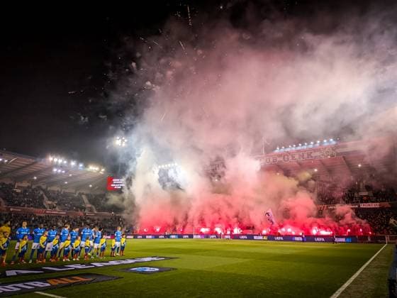 Supporters with fireworks and smoke bombs pictured during a soccer game between Belgian soccer team KRC Genk and Swedish team Malmo FF, in Genk, on Thursday 29 January 2026, on day eight of the League phase of the UEFA Europa League tournament. JILLxDELSAUX  x159638696x