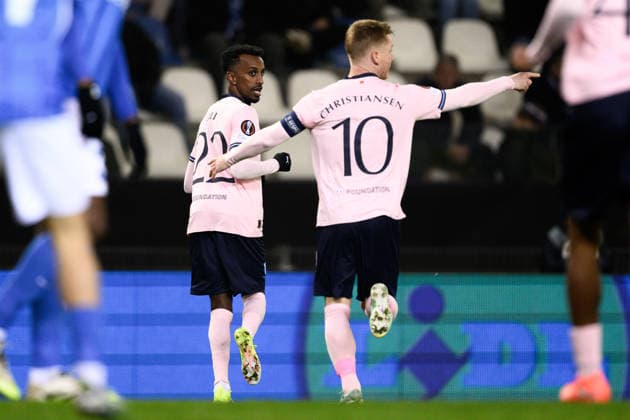 260129 Taha Ali and Anders Christiansen of Malmö FF celebrate after 0 1 during the UEFA Europa League football match between KRC Genk and Malmö FF on January 29, 2026 in Genk Photo Simon Hastegard BILDBYRAN kod SH SH0684 fotboll football soccer fotball uefa europa league europa league krc genk malmö ff bbeng jubel  Copyright: SIMONxHASTEGARD BB260129SH030