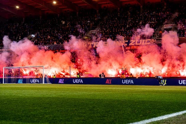 2026-01-29 KRC Genk v Malmo FF - UEFA Europa League 2025 26 League Phase MD8 GENK, BELGIUM - JANUARY 29: KRC Genk ultras with fireworks prior to the UEFA Europa League 2025 26 League Phase MD8 match between KRC Genk and Malmo FF at Cegeka Arena on January 29, 2026 in Genk, Belgium. (Photo by Gabriel Calvino Alonso BSR Agency) Genk Belgium Content not available for redistribution in The Netherlands directly or indirectly through any third parties. Copyright: xBSRxAgencyx