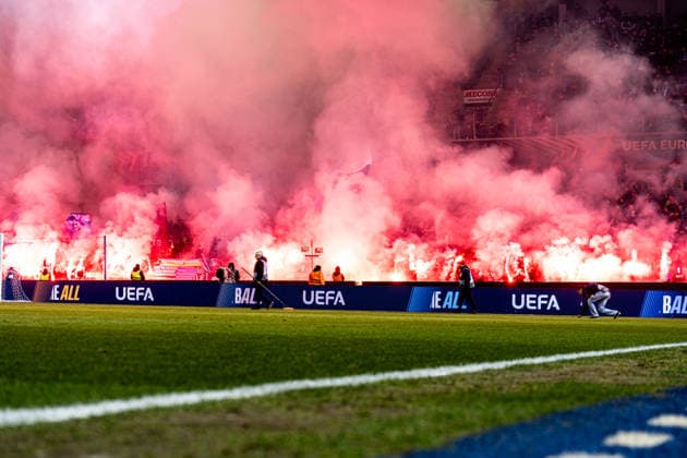 2026-01-29 KRC Genk v Malmo FF - UEFA Europa League 2025 26 League Phase MD8 GENK, BELGIUM - JANUARY 29: KRC Genk ultras with fireworks prior to the UEFA Europa League 2025 26 League Phase MD8 match between KRC Genk and Malmo FF at Cegeka Arena on January 29, 2026 in Genk, Belgium. (Photo by Gabriel Calvino Alonso BSR Agency) Genk Belgium Content not available for redistribution in The Netherlands directly or indirectly through any third parties. Copyright: xBSRxAgencyx