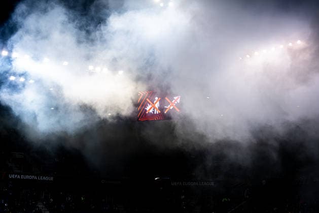2026-01-29 KRC Genk v Malmo FF - UEFA Europa League 2025 26 League Phase MD8 GENK, BELGIUM - JANUARY 29: led-board covered in firework smoking showing the dont use fireworks-graphics prior to the UEFA Europa League 2025 26 League Phase MD8 match between KRC Genk and Malmo FF at Cegeka Arena on January 29, 2026 in Genk, Belgium. (Photo by Gabriel Calvino Alonso BSR Agency) Genk Belgium Content not available for redistribution in The Netherlands directly or indirectly through any third parties. Copyright: xBSRxAgencyx