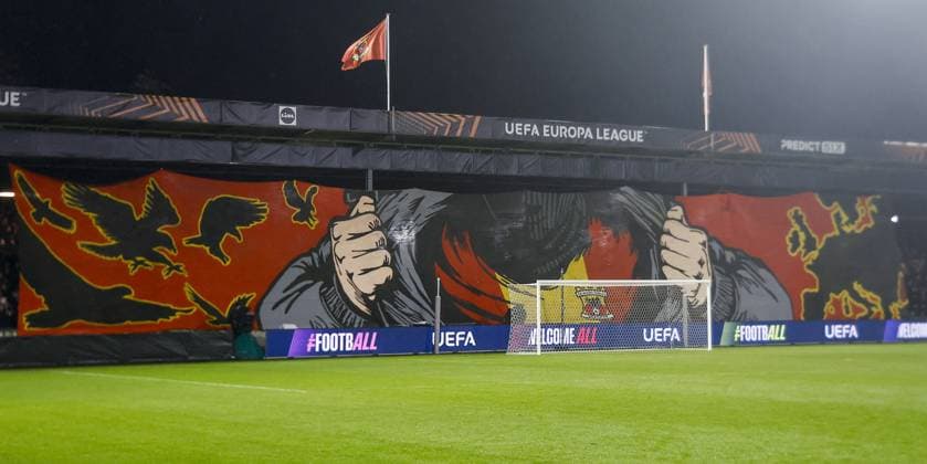 DEVENTER , 29-01-2026 , Stadium De Adelaarshorst , season 2025 2026 , UEFA Europa League League phase . match between Go Ahead Eagles and SC Braga, Picture shows banner in the stand Go Ahead Eagles - Braga  x201171194x Copyright: