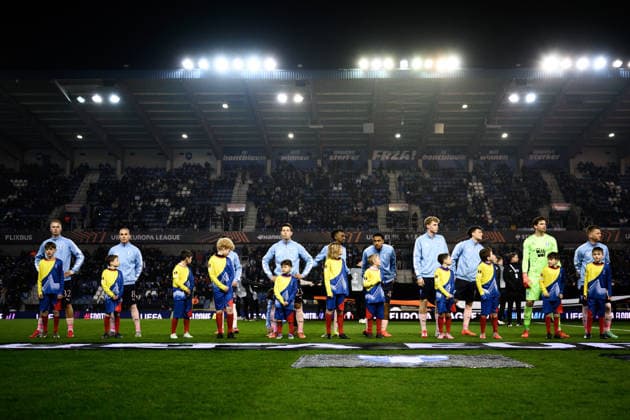 260129 Players of Malmö FF during the UEFA Europa League football match between KRC Genk and Malmö FF on January 29, 2026 in Genk Photo Simon Hastegard BILDBYRAN kod SH SH0684 fotboll football soccer fotball uefa europa league europa league krc genk malmö ff bbeng  Copyright: SIMONxHASTEGARD BB260129SH036