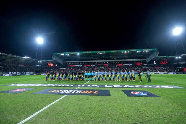 29 01 2026, Football, UEFA Europa League, Matchday 8, FC Midtjylland GNK Dinamo Zagreb, MCH Arena in Herning, Denmark Interior view Stafdion Player line-up Team line-up Regulations prohibit any use of photographs as image sequences and or quasi video Denmark
