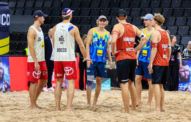 STOCKHOLM, SWEDEN 20260129 Sweden s David Ahman and Jonatan Hellvig talk to Norway s Christian Sorum and Anders Mol, and Austria s Timo Hammarberg and Tim Berger after the final of the beach volleyball competition Stockholm Beach 2026, an official competition in the international Queen King of the Court series, at Avicii Arena in Stockholm STOCKHOLM SWEDEN x60160x  Copyright: xStefanxJerrevang TTx STOCKHOLM BEACH 2026