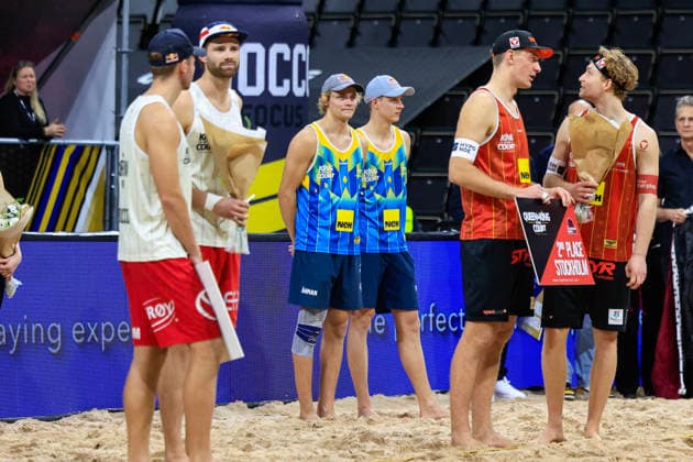 STOCKHOLM, SWEDEN 20260129 Norways Christian Sorum and Anders Mol 3rd place, Swedens David Ahman and Jonatan Hellvig 1st place and Austrias Timo Hammarberg and Tim Berger 2nd place after the final of the beach volleyball competition Stockholm Beach 2026, an official event of the international Queen King of the Court series, at Avicii Arena in Stockholm STOCKHOLM SWEDEN x60160x  Copyright: xStefanxJerrevang TTx STOCKHOLM BEACH 2026