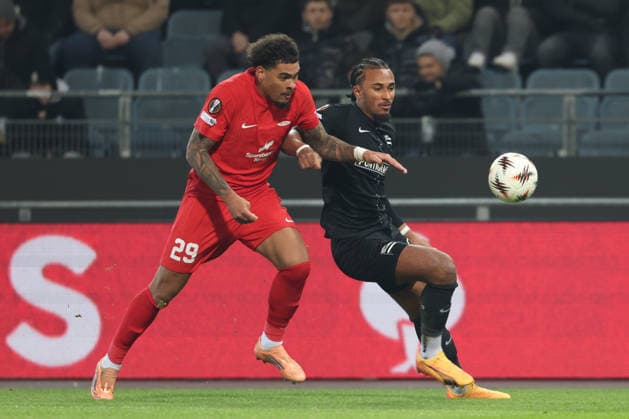 SOCCER - UEFA EL, Sturm vs Brann GRAZ,AUSTRIA,29.JAN.26 - SOCCER - UEFA Europa League, SK Sturm Graz vs SK Brann Bergen. Image shows Noah Jean Holm (Brann) and Emanuel Aiwu (Sturm).  GEPAxpictures xChrisxBauer