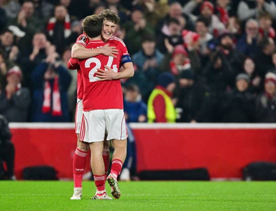 Nottingham, England, 29th January 2026. Ryan Yates of Nottingham Forest and James McAtee of Nottingham Forest celebrate the first goal which was own goal by Ferencvaros during the Nottingham Forest vs Ferencvaros UEFA Europa League match at the City Ground, Nottingham. Picture credit should read: Harriet Massey Sportimage EDITORIAL USE ONLY. No use with unauthorised audio, video, data, fixture lists, club league logos or live services. Online in-match use limited to 120 images, no video emulation. No use in betting, games or single club league player publications. SPI_035_HM_Forest_Ferencvaros SPI-4491-0034
