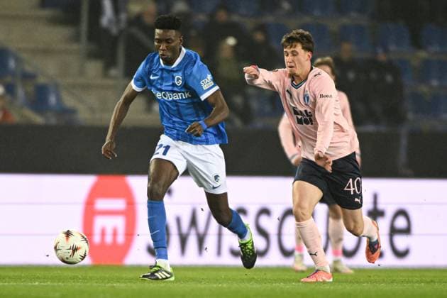 Genk s Ibrahima Sory Bangoura and Malmo s Kenan Busuladzic pictured in action during a soccer game between Belgian soccer team KRC Genk and Swedish team Malmo FF, in Genk, on Thursday 29 January 2026, on day eight of the League phase of the UEFA Europa League tournament. JILLxDELSAUX  x159641173x